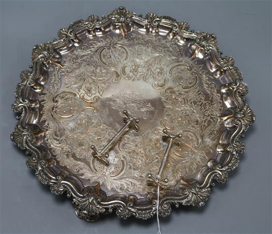 A pair of silver knife rests and an engraved plated tray with acanthus edge and presentation inscription tray diameter 36cm